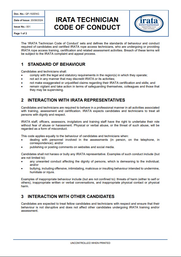 Irata Technician Code Of Conduct